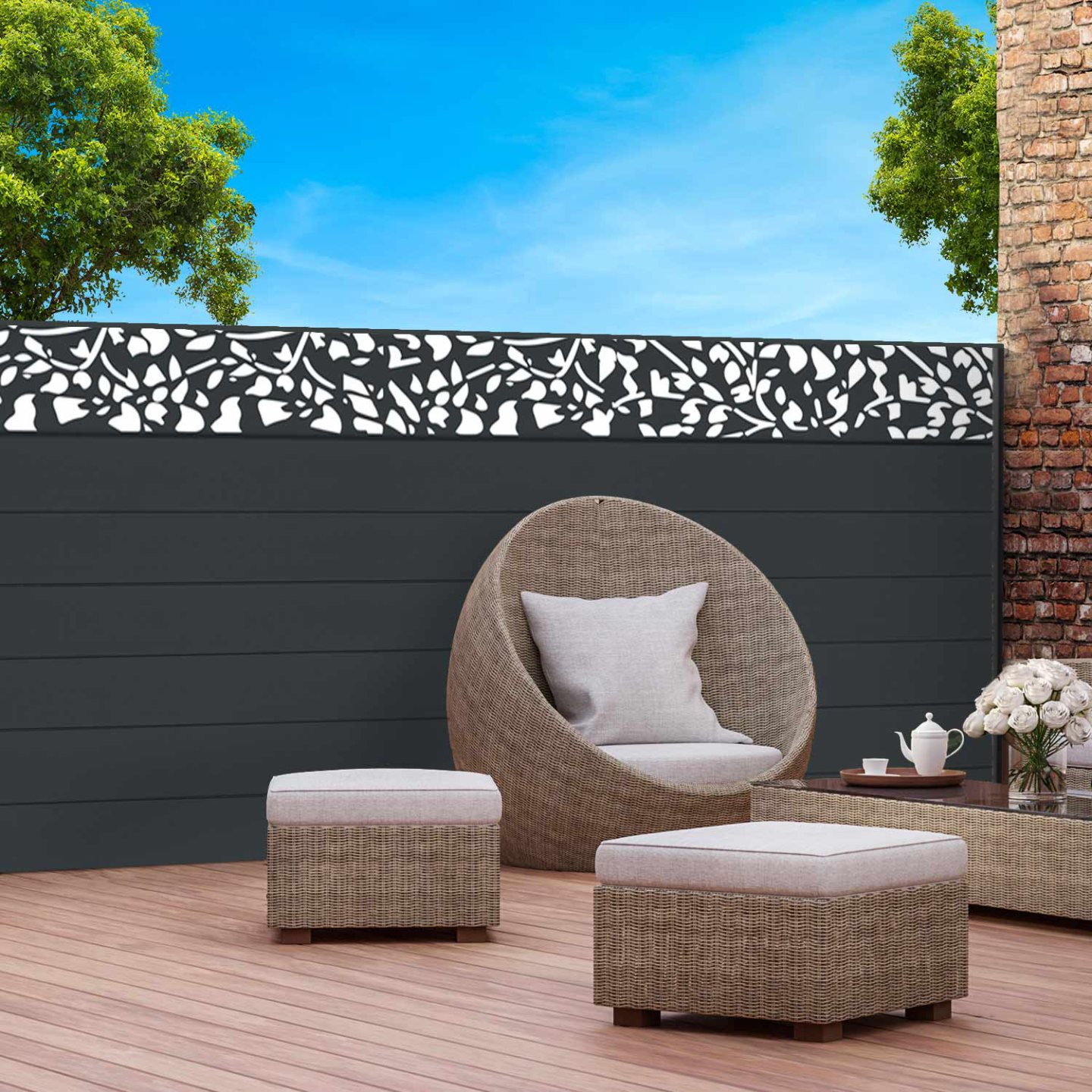 IDMarket - Schermo oscurante 1,5 x 10M effetto doghe di recinzione con motivo FLOWER 160 gr/m²