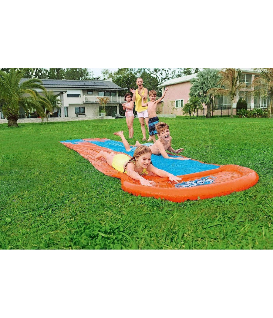 Scivolo Doppio Acquascivolo Giochi Giardino Gonfiabili Con Spruzzi 488 Cm 52328         