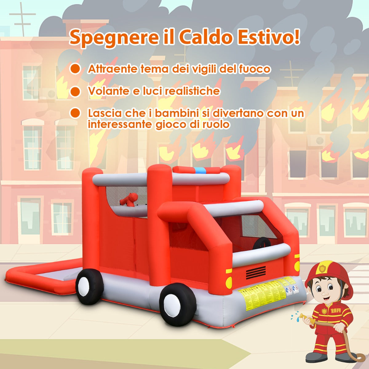 Scivolo d'acqua per bambini a tema camion dei pompieri con piscina, Castello gonfiabile con pallone da basket-Strutture gonfiabili da salto