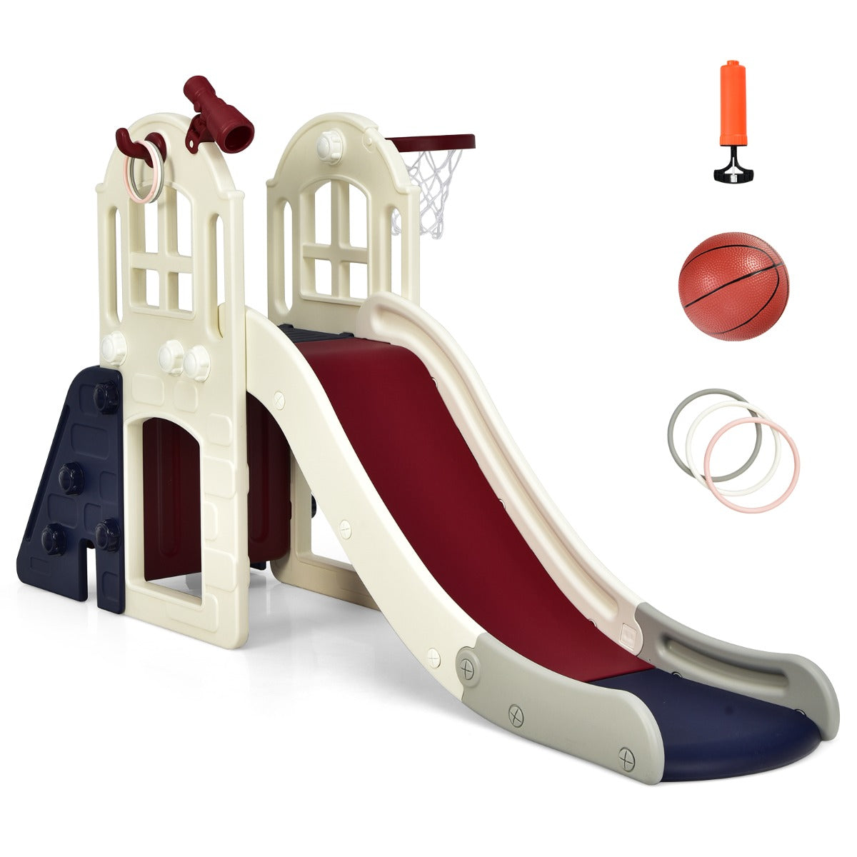 Scivolo grande per bambini 6 in 1 con canestro palla lancio dell'anello e cannocchiale, Set da gioco Blu-Arrampicate e scivoli