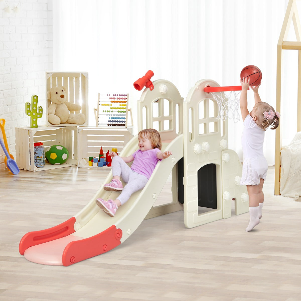 Scivolo grande per bambini 6 in 1 con canestro palla lancio dell'anello e cannocchiale, Set da gioco Rosa-Arrampicate e scivoli