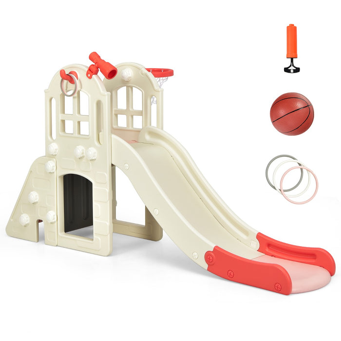 Scivolo grande per bambini 6 in 1 con canestro palla lancio dell'anello e cannocchiale, Set da gioco Rosa-Arrampicate e scivoli