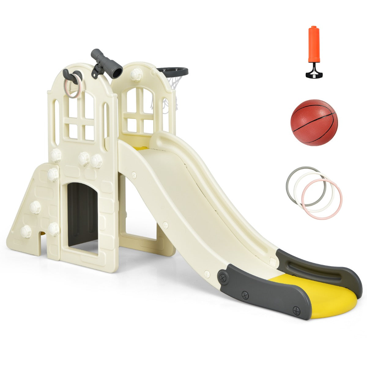 Scivolo grande per bambini 6 in 1 con canestro palla lancio dell'anello e cannocchiale, Set da gioco Giallo-Arrampicate e scivoli