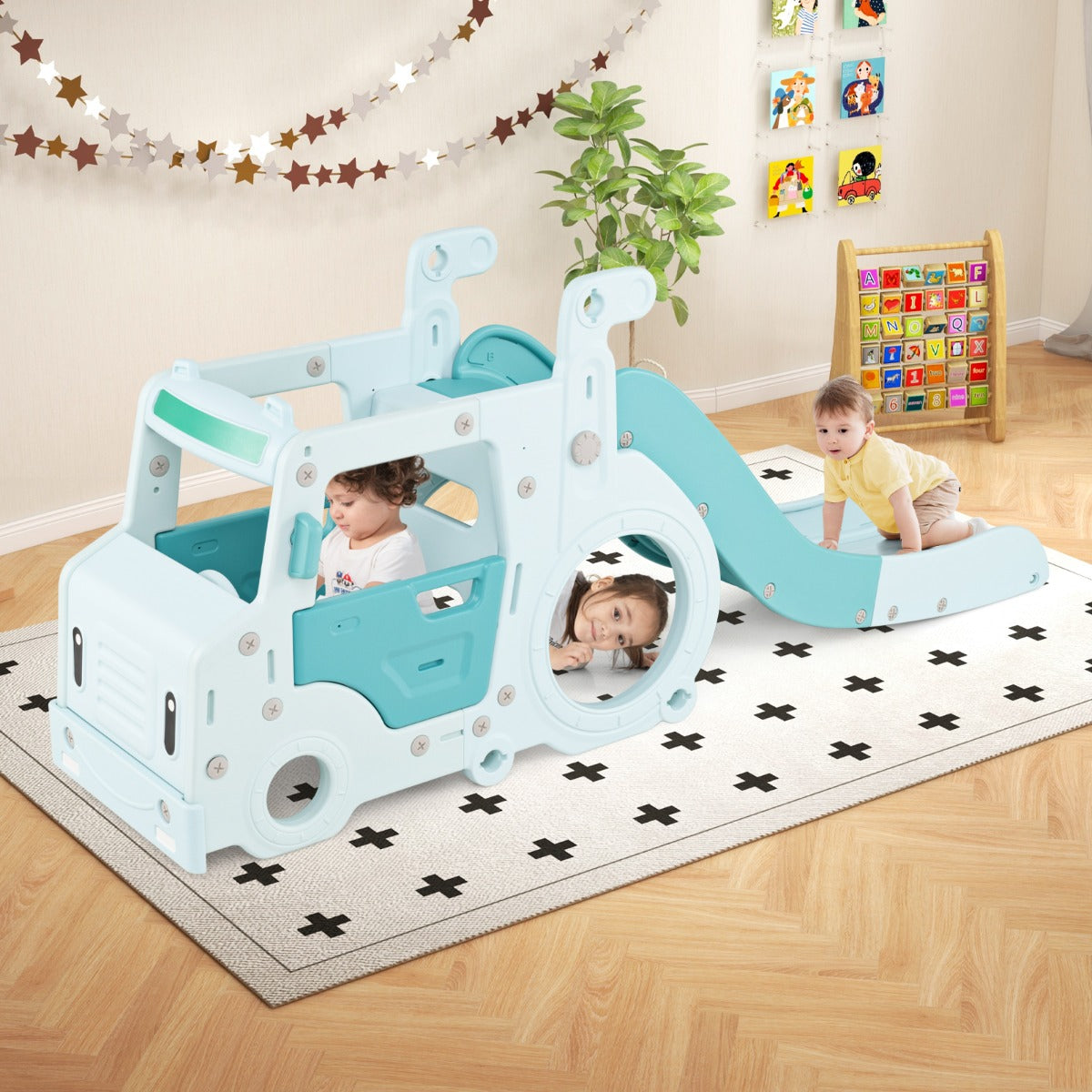 Scivolo per bambini 18 mesi+ 3-in-1 con casa giocattolo a forma di autobus corrimano rialzati, Set di gioco interno Blu-Arrampicate e scivoli