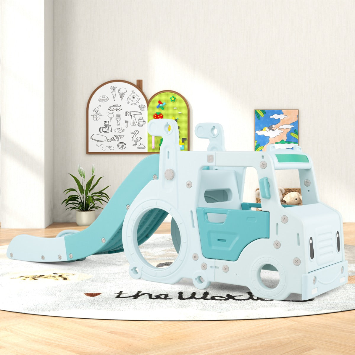 Scivolo per bambini 18 mesi+ 3-in-1 con casa giocattolo a forma di autobus corrimano rialzati, Set di gioco interno Blu-Arrampicate e scivoli