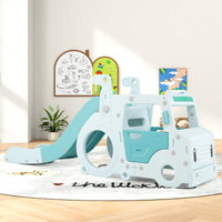 Scivolo per bambini 18 mesi+ 3-in-1 con casa giocattolo a forma di autobus corrimano rialzati, Set di gioco interno Blu-Arrampicate e scivoli