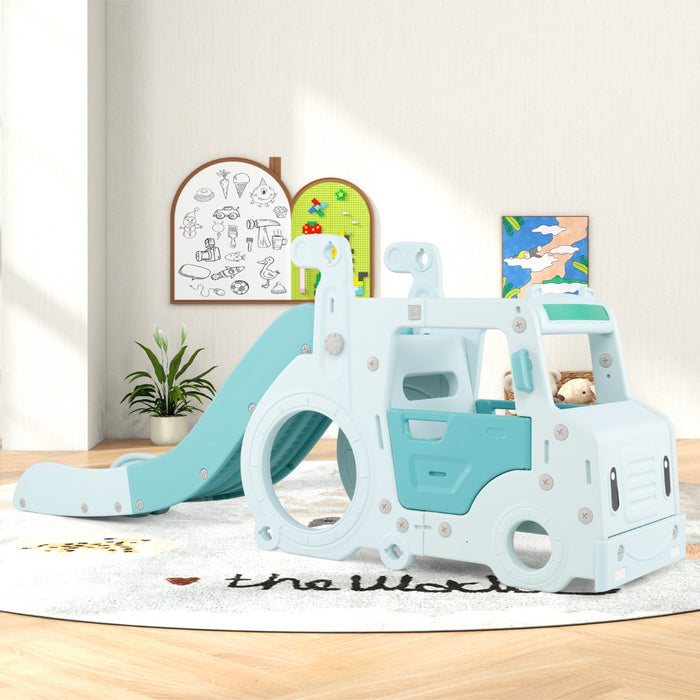 Scivolo per bambini 18 mesi+ 3-in-1 con casa giocattolo a forma di autobus corrimano rialzati, Set di gioco interno Blu-Arrampicate e scivoli