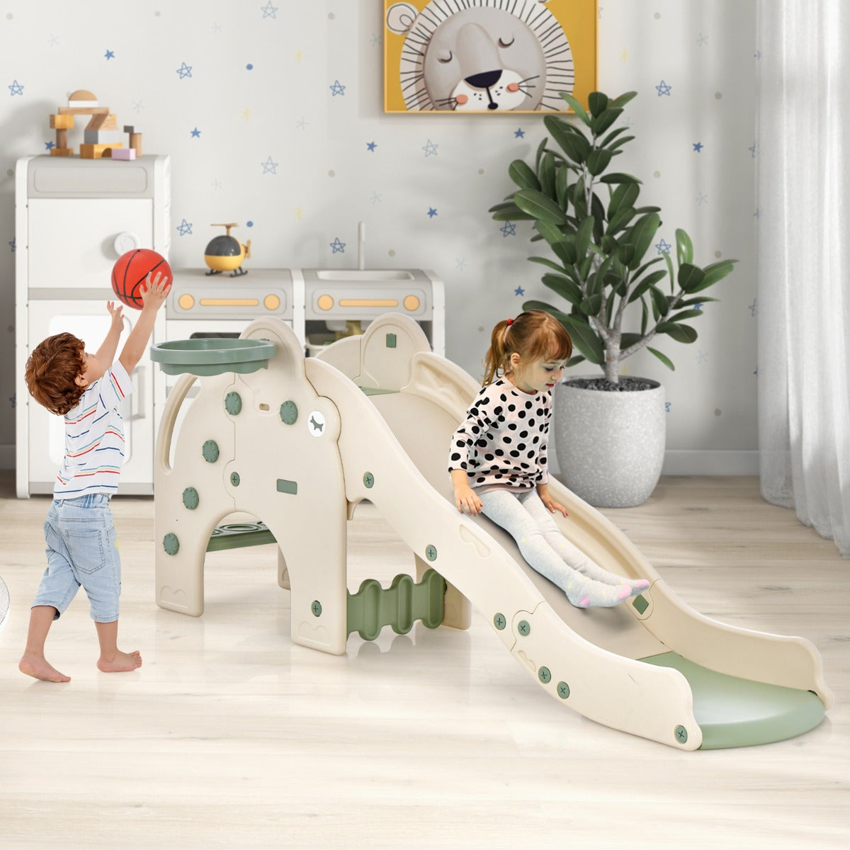 Scivolo per bambini con carinissima forma di elefante, Scivolo 4-in-1 per bambini con canestro da basket e pallone Verde-Arrampicate e scivoli