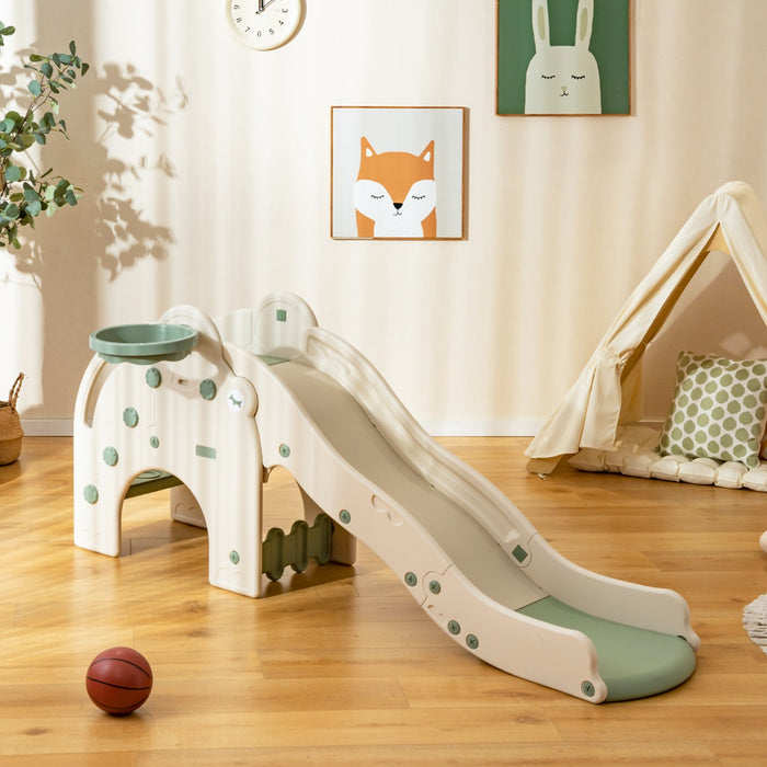 Scivolo per bambini con carinissima forma di elefante, Scivolo 4-in-1 per bambini con canestro da basket e pallone Verde-Arrampicate e scivoli