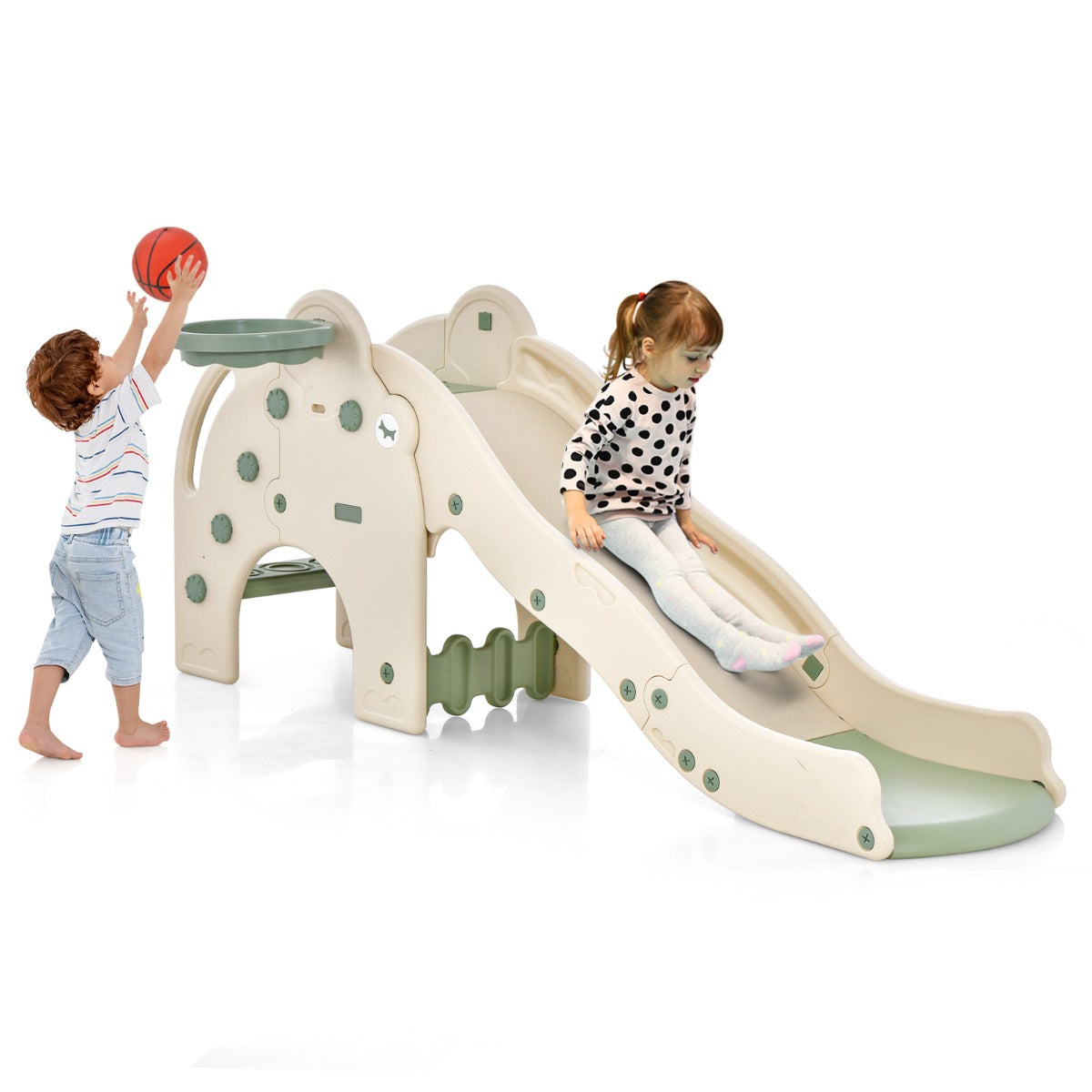 Scivolo per bambini con carinissima forma di elefante, Scivolo 4-in-1 per bambini con canestro da basket e pallone Verde-Arrampicate e scivoli