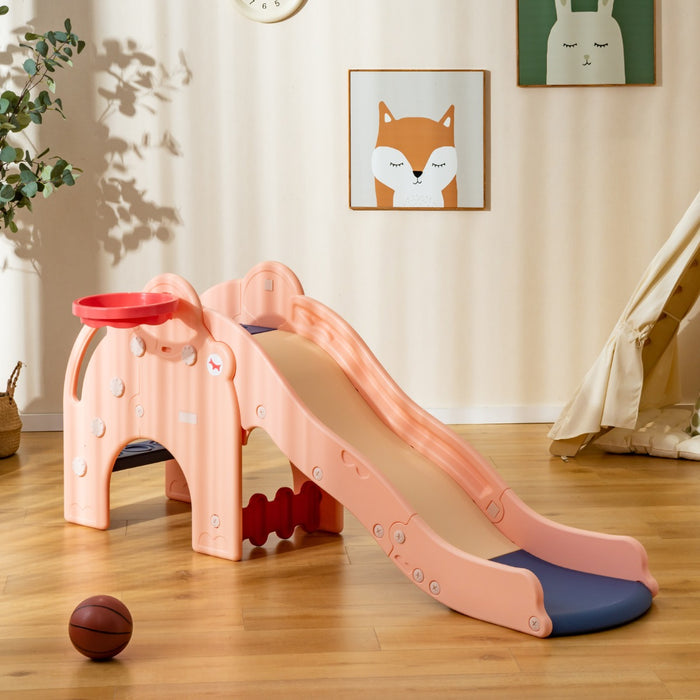 Scivolo per bambini con carinissima forma di elefante, Scivolo 4-in-1 per bambini con canestro da basket e pallone Rosa-Arrampicate e scivoli