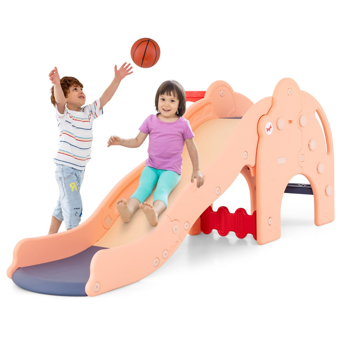 Scivolo per bambini con carinissima forma di elefante, Scivolo 4-in-1 per bambini con canestro da basket e pallone Rosa-Arrampicate e scivoli