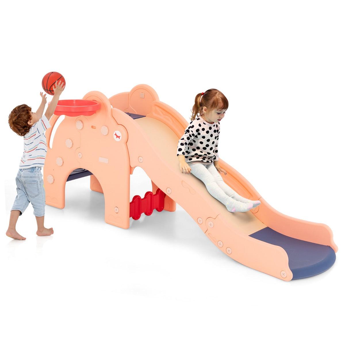 Scivolo per bambini con carinissima forma di elefante, Scivolo 4-in-1 per bambini con canestro da basket e pallone Rosa-Arrampicate e scivoli
