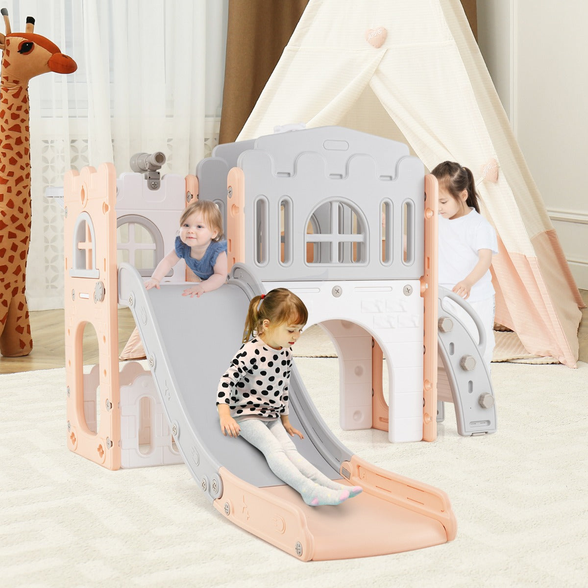 Scivolo per bambini 9 in 1 con canestro da basket e spazio di archiviazione-Scivolo da interno per bambini 1+ anni Grigio e rosa