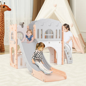 Scivolo per bambini 9 in 1 con canestro da basket e spazio di archiviazione-Scivolo da interno per bambini 1+ anni Grigio e rosa