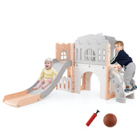 Scivolo per bambini 9 in 1 con canestro da basket e spazio di archiviazione-Scivolo da interno per bambini 1+ anni Grigio e rosa