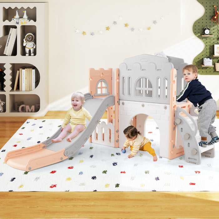 Scivolo per bambini 9 in 1 con canestro da basket e spazio di archiviazione-Scivolo da interno per bambini 1+ anni Grigio e rosa