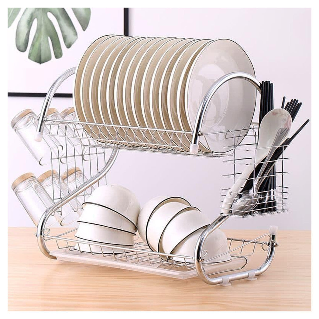 Trade Shop - Scolapiatti 2 Ripiani In Metallo Cromato Con Vassoio Salvagoccia E Portaposate -