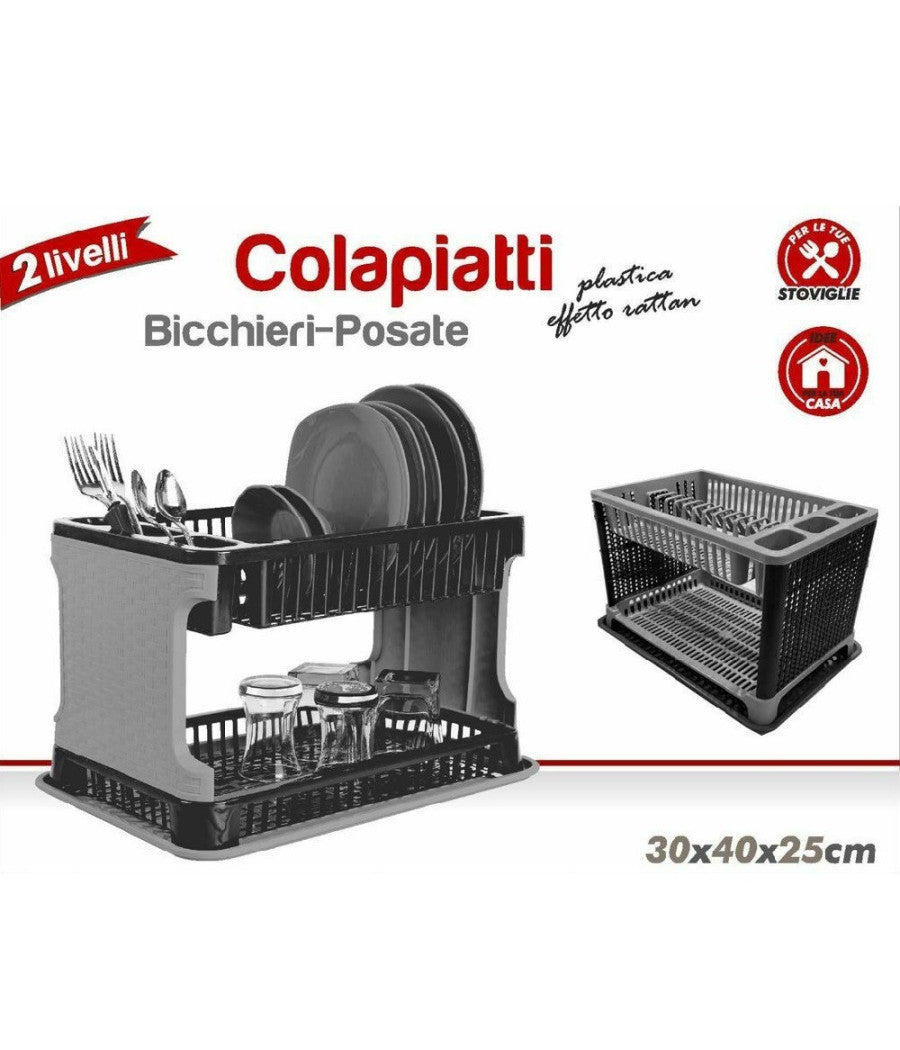 Scolapiatti In Plastica Effetto Rattan 2 Ripiani Piatti Posate Bicchieri Grigio         
