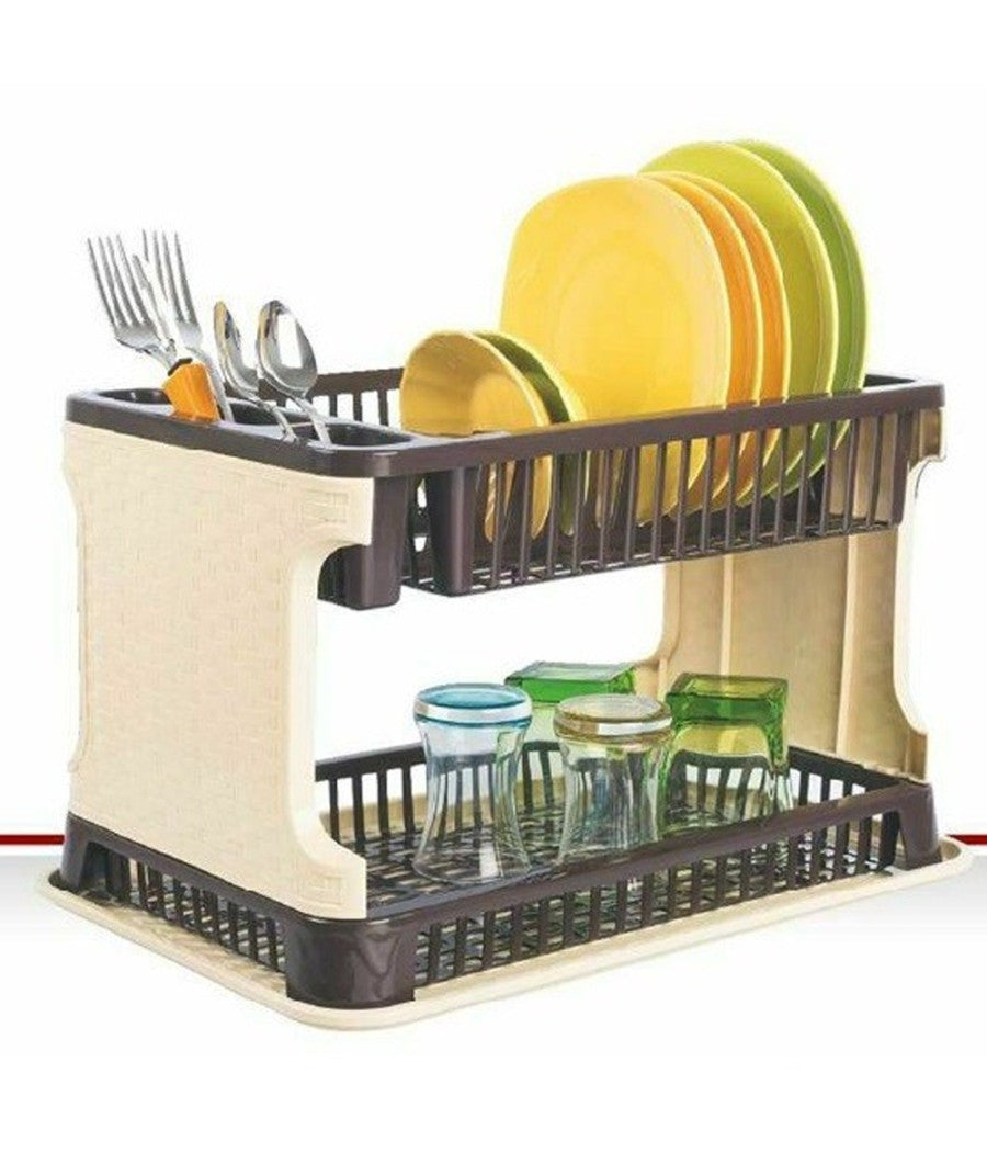 Trade Shop - Scolapiatti In Plastica Effetto Rattan 2 Ripiani Piatti Posate Bicchieri Marrone -