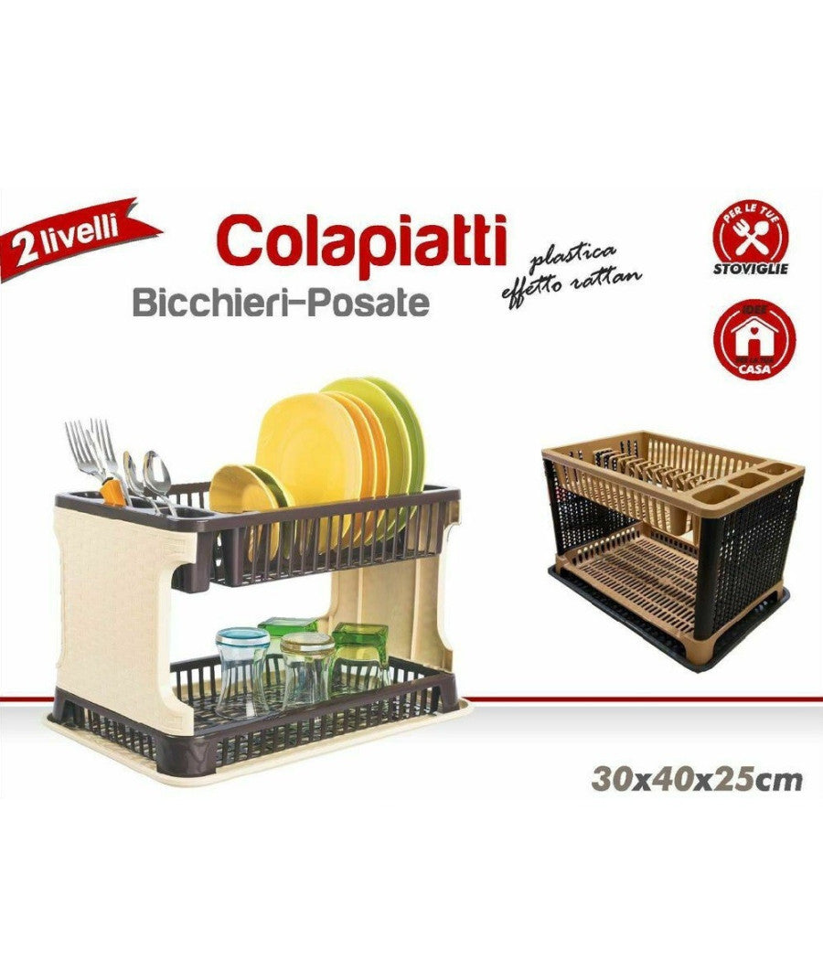 Trade Shop - Scolapiatti In Plastica Effetto Rattan 2 Ripiani Piatti Posate Bicchieri Marrone -