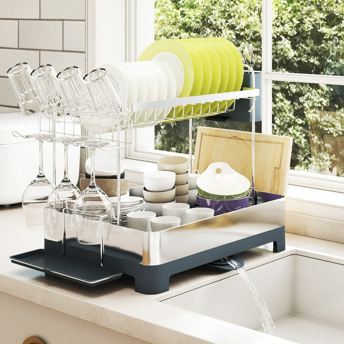 Organizzatore da cucina con bocca estensibile e girevole a 360¡ã, Scolapiatti a 2 livelli acciaio inox con porta bicchieri Argento-Scolapiatti
