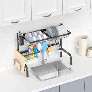 Cestello per asciugare i piatti sopra il lavello-Scolapiatti a 2 livelli regolabile con cestini ganci coltelli