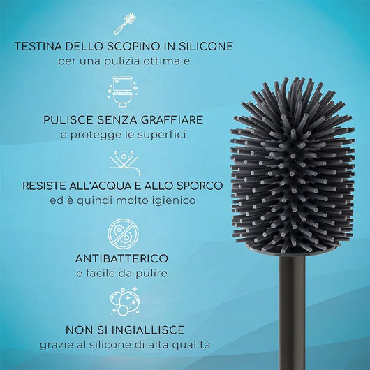 Scopino di ricambio per wc con setole in silicone e manico nero in acciaio