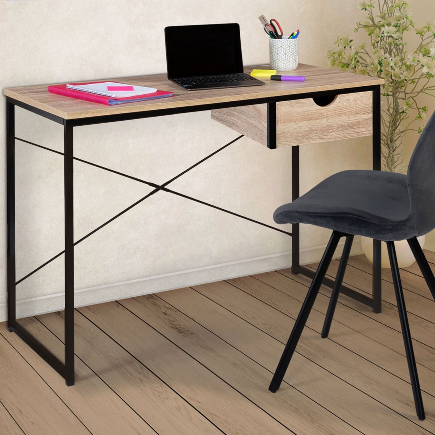 IDMarket - Scrivania a 1 cassetto laterale, design industriale DETROIT