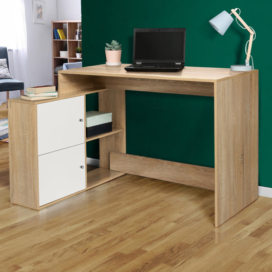 IDMarket - Scrivania angolare a forma di L in legno look faggio e porte bianche BOB