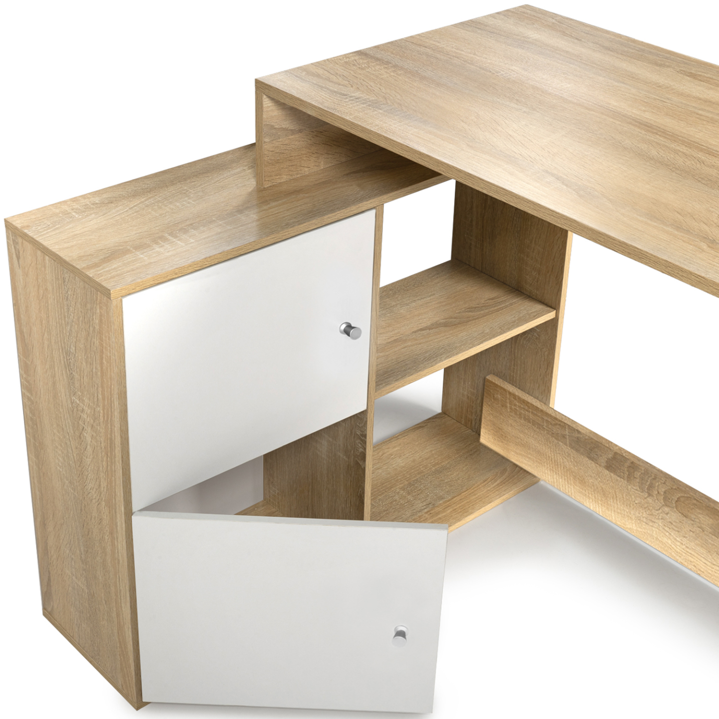 IDMarket - Scrivania angolare a forma di L in legno look faggio e porte bianche BOB
