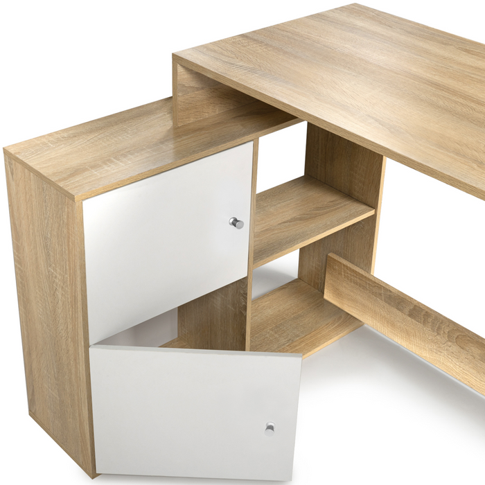 IDMarket - Scrivania angolare a forma di L in legno look faggio e porte bianche BOB