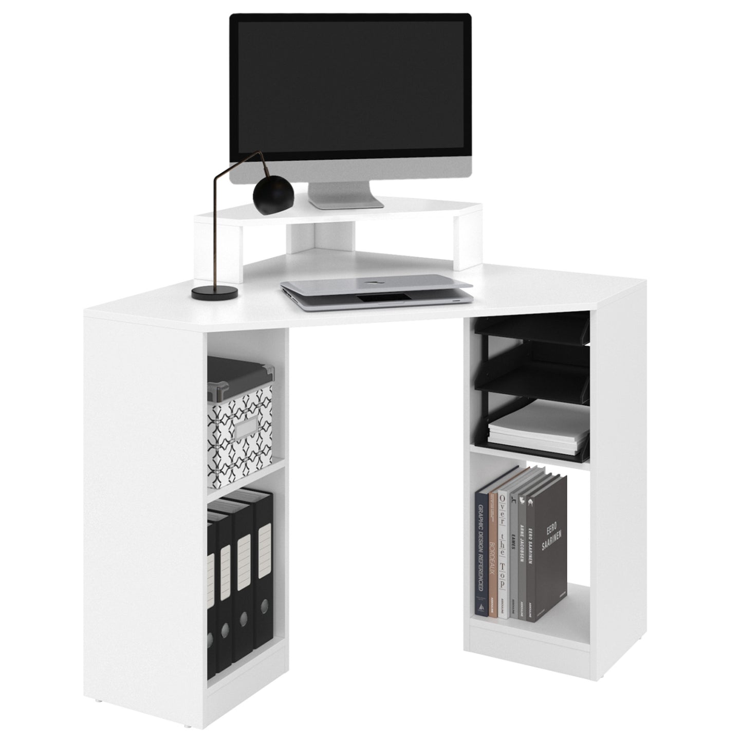 IDMarket - Scrivania angolare salvaspazio HARRY bianca con portaoggetti