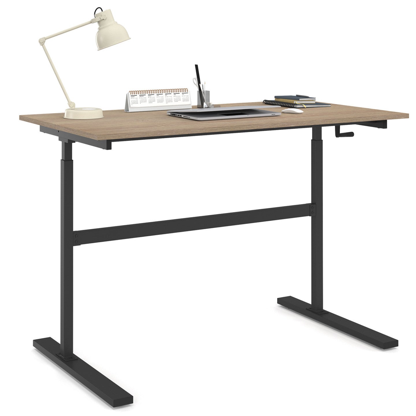 IDMarket - Scrivania JEANNE, diritta, sit/stand con manovella, altezza regolabile da 70 a 120 cm, legno di faggio e nero