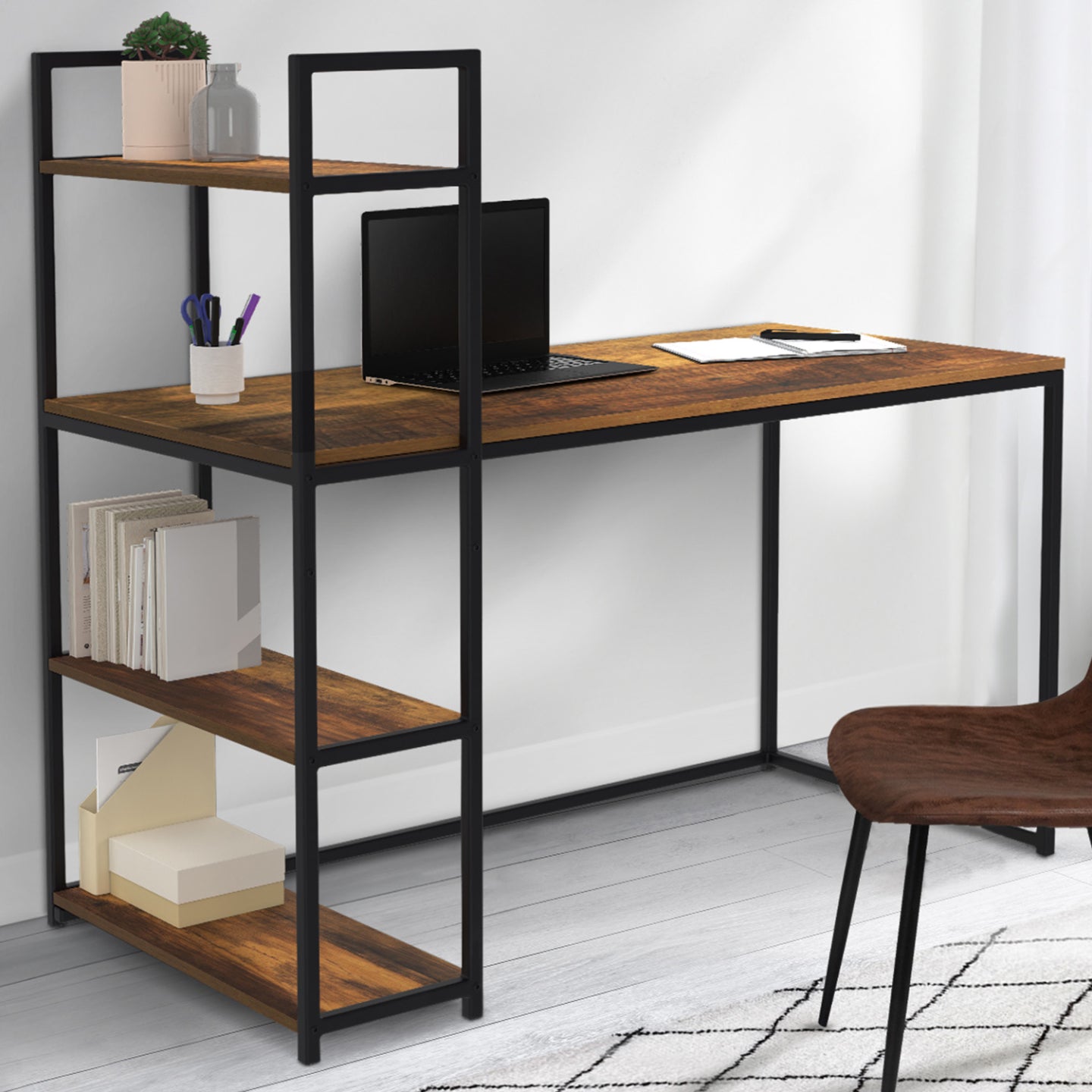 IDMarket - Scrivania libreria HAWKINS con piano effetto invecchiato, design industriale