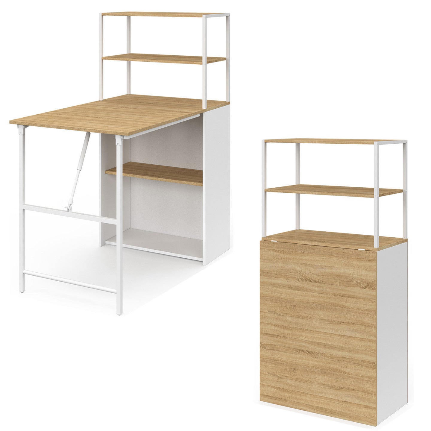 IDMarket - Scrivania libreria pieghevole RAY con legno effetto faggio e piano pieghevole bianco