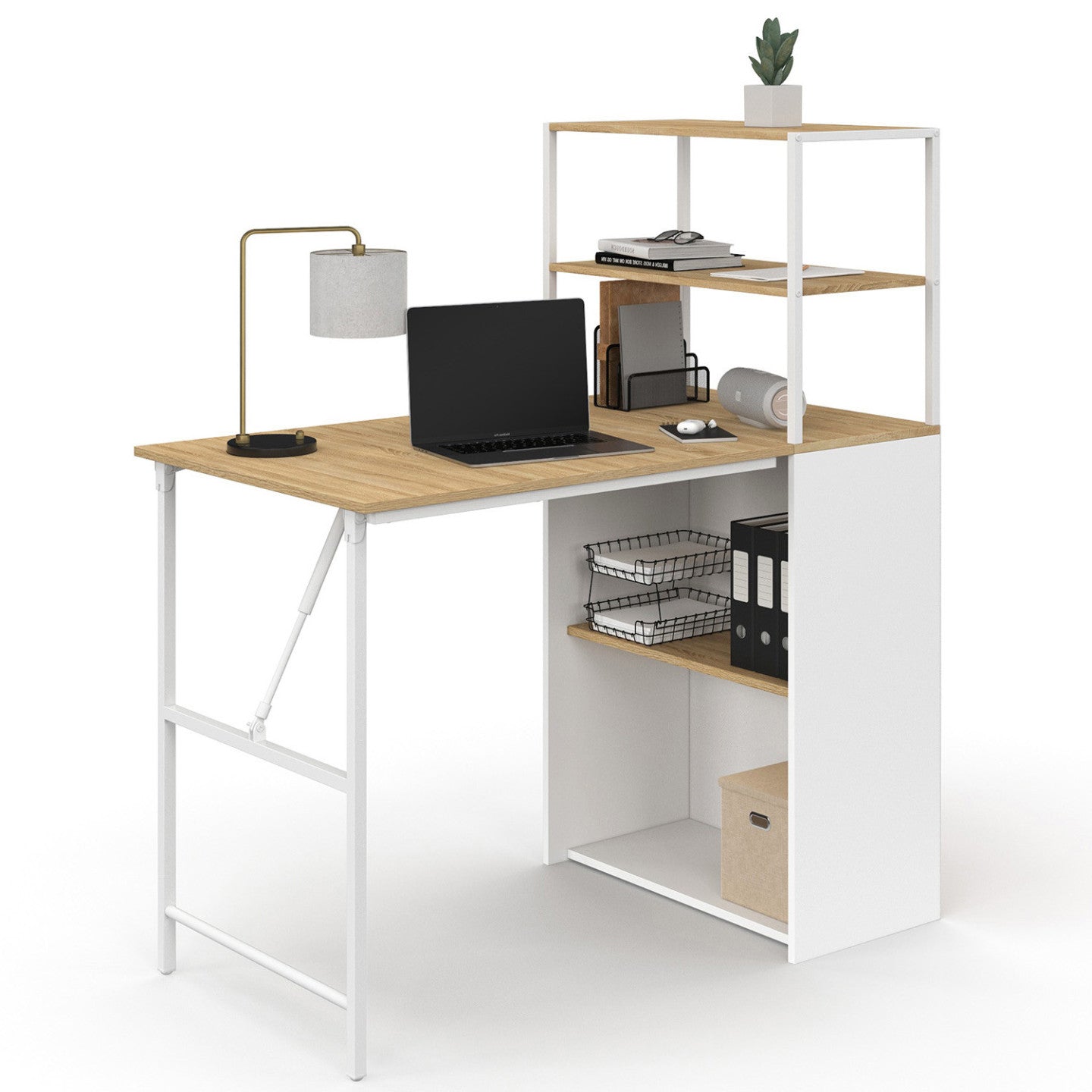 IDMarket - Scrivania libreria pieghevole RAY con legno effetto faggio e piano pieghevole bianco