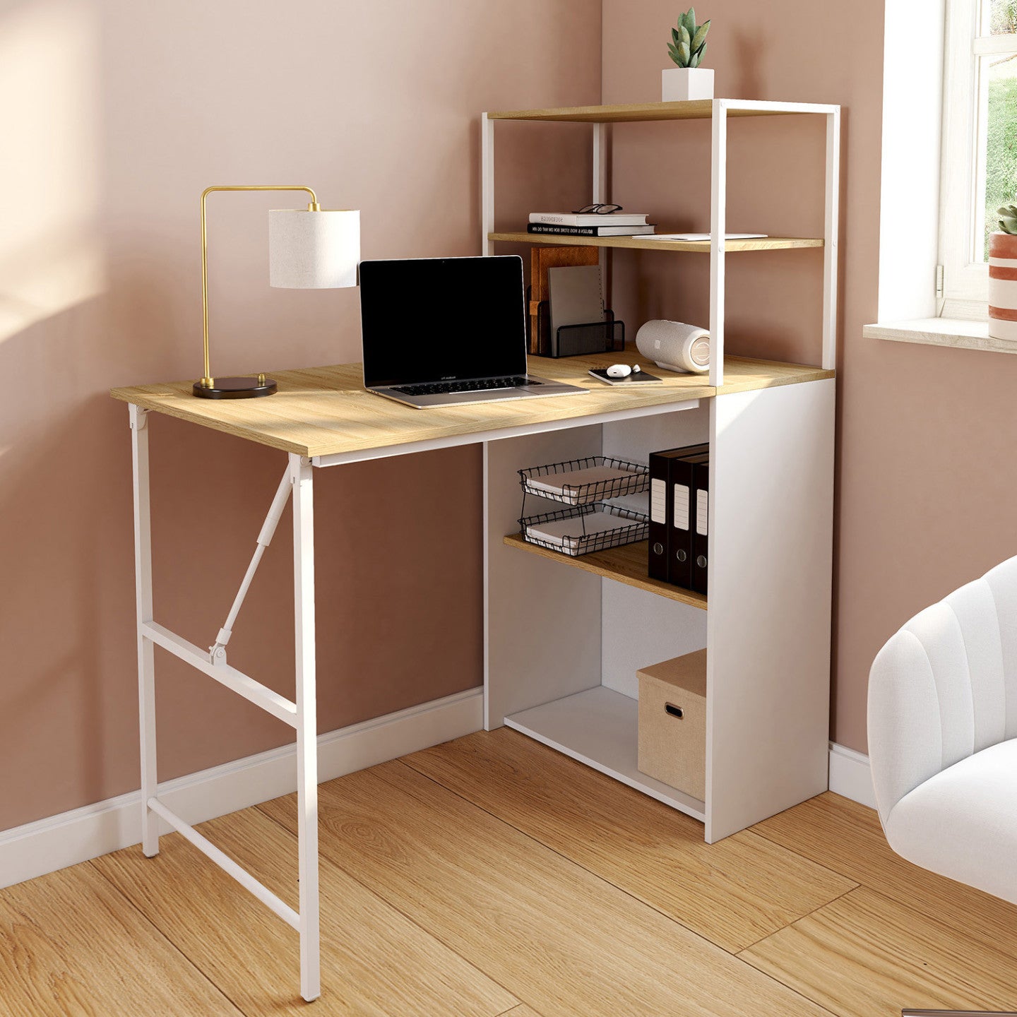 IDMarket - Scrivania libreria pieghevole RAY con legno effetto faggio e piano pieghevole bianco