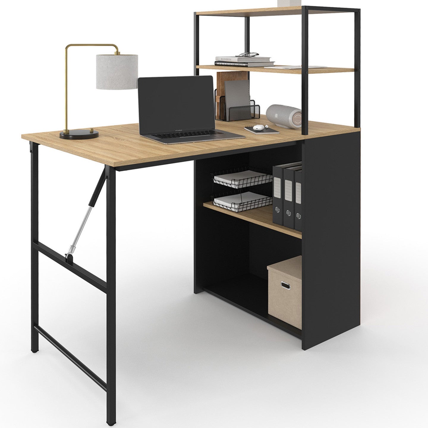 IDMarket - Scrivania libreria pieghevole RAY con legno effetto faggio e piano pieghevole nero