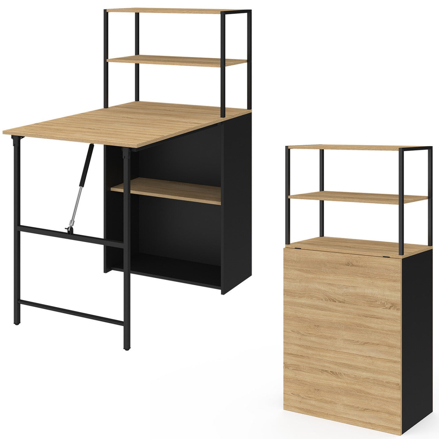 IDMarket - Scrivania libreria pieghevole RAY con legno effetto faggio e piano pieghevole nero