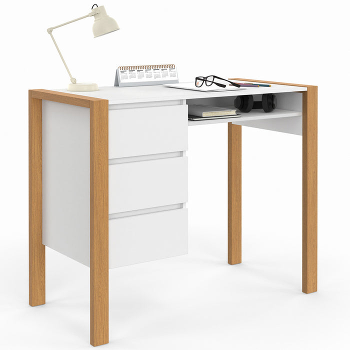 IDMarket - Scrivania scandinava HUGO con 3 cassetti e nicchia in legno e bianco