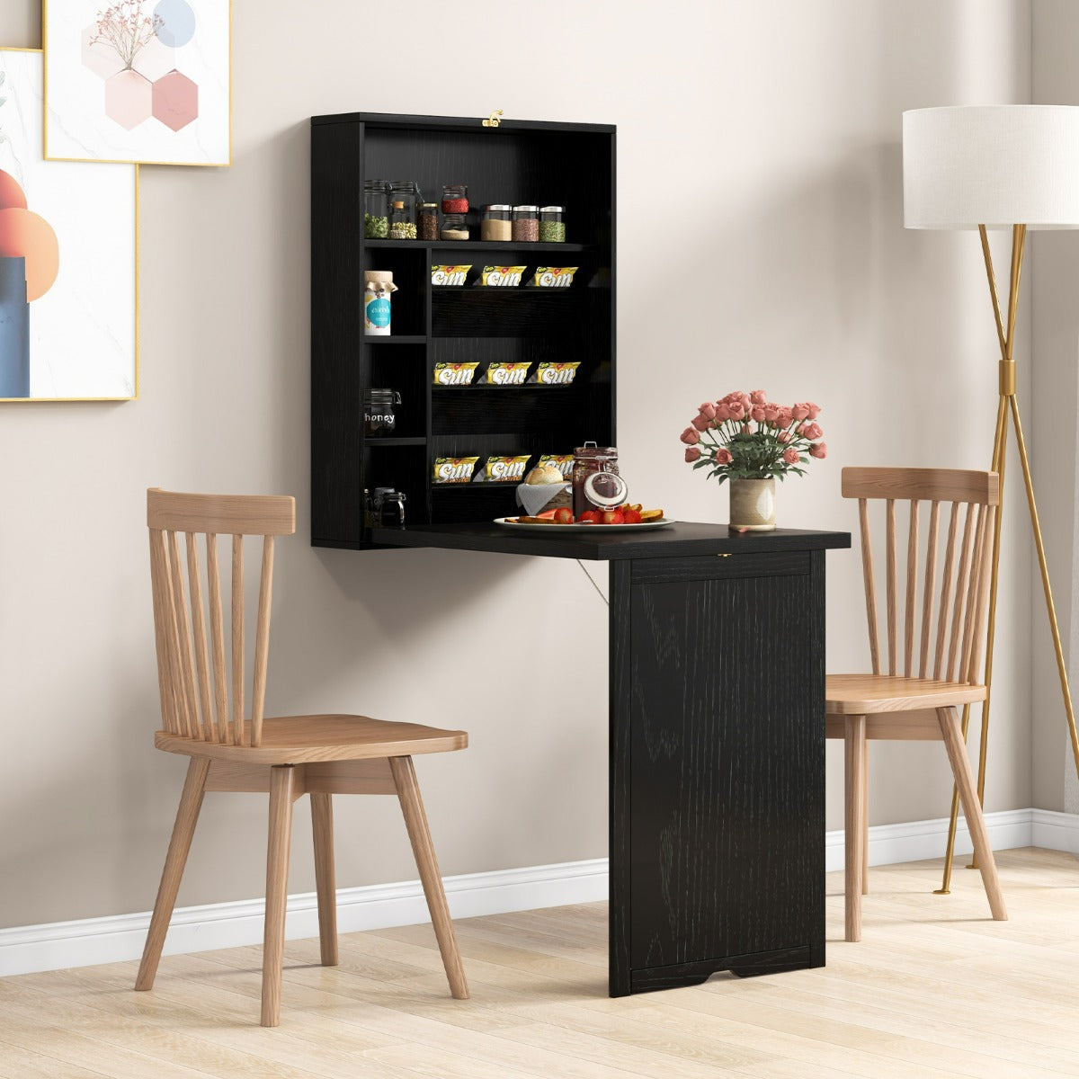 Scrivania a muro pieghevole con divisorio a 3 livelli ripiani regolabili-Scrivania per computer Nero