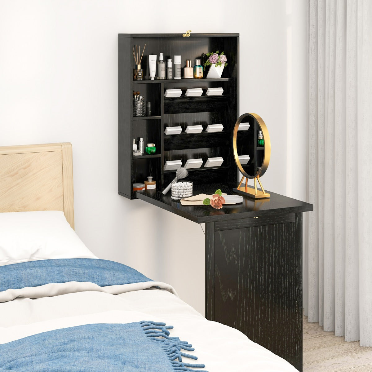 Scrivania a muro pieghevole con divisorio a 3 livelli ripiani regolabili-Scrivania per computer Nero