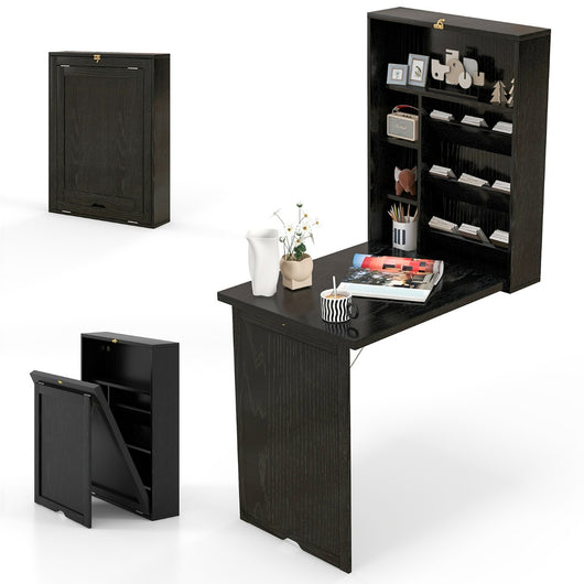 Scrivania a muro pieghevole con divisorio a 3 livelli ripiani regolabili-Scrivania per computer Nero