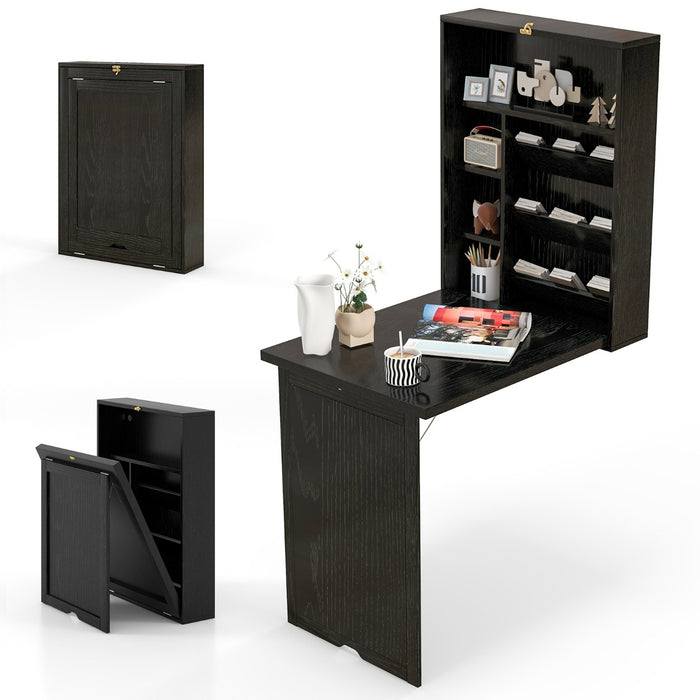 Scrivania a muro pieghevole con divisorio a 3 livelli ripiani regolabili-Scrivania per computer Nero