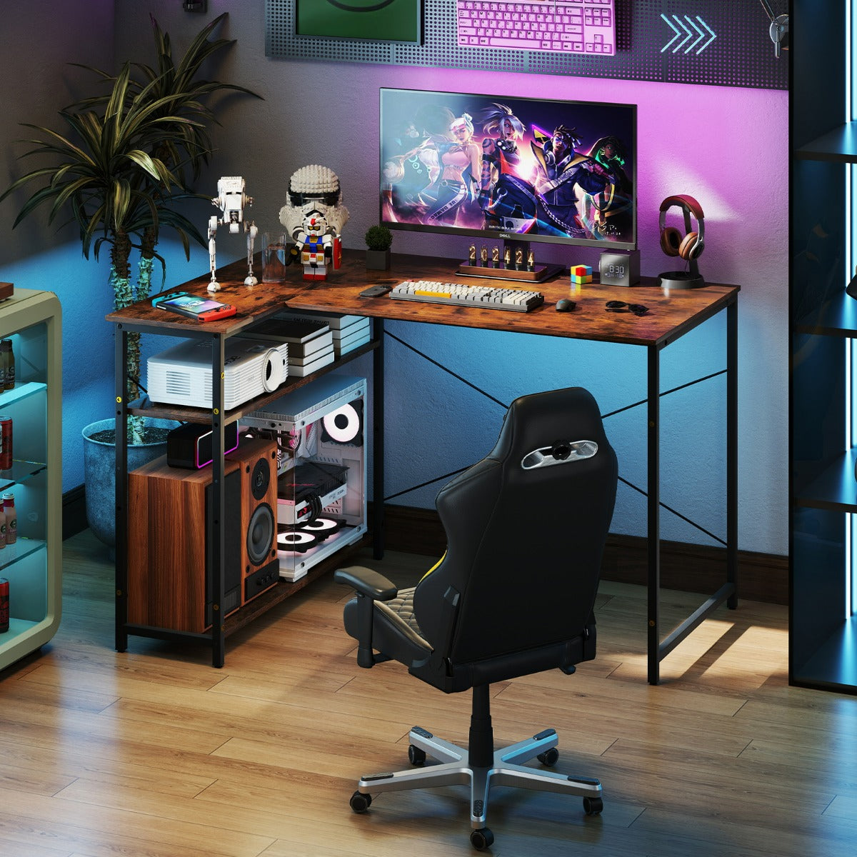 Scrivania angolare a forma di L con ripiano regolabile, Tavolo da studio salvaspazio per ufficio in casa Marrone-Scrivanie