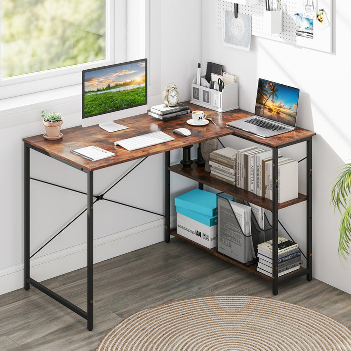 Scrivania angolare a forma di L con ripiano regolabile, Tavolo da studio salvaspazio per ufficio in casa Marrone-Scrivanie