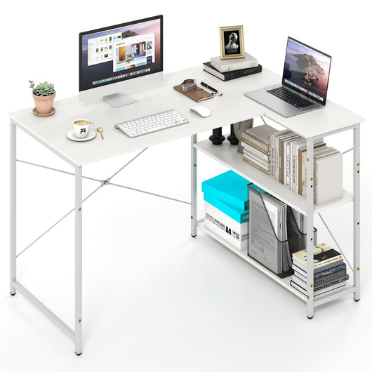 Scrivania angolare a forma di L con ripiano regolabile, Tavolo da studio salvaspazio per ufficio in casa Bianco-Scrivanie