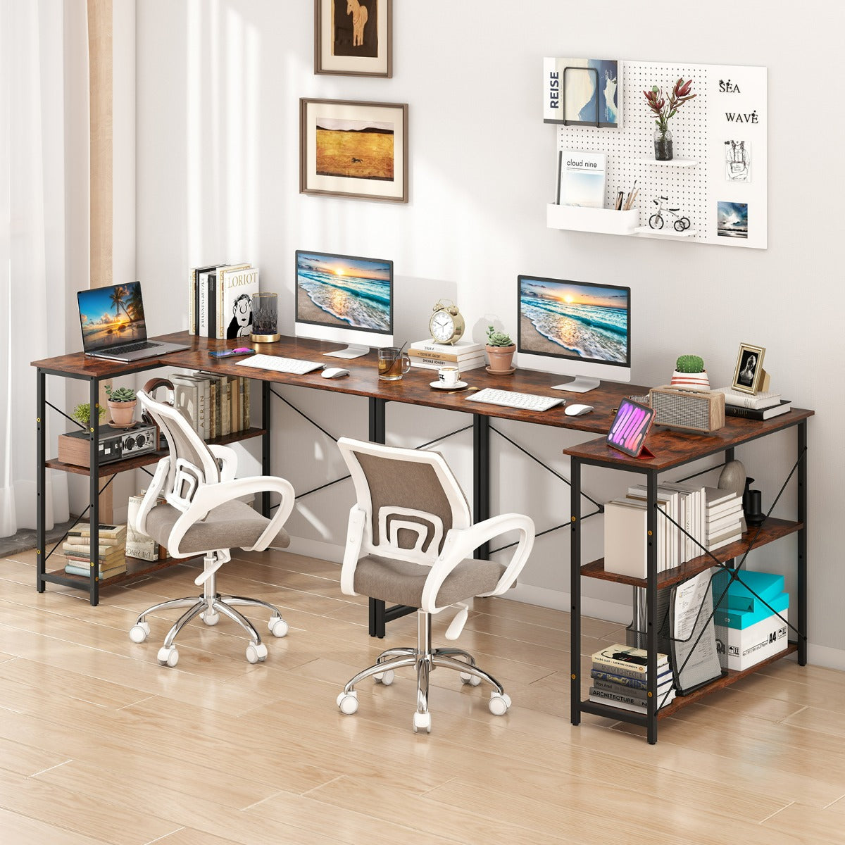 Scrivania angolare a forma di L con ripiano regolabile, Tavolo da studio salvaspazio per ufficio in casa Marrone-Scrivanie