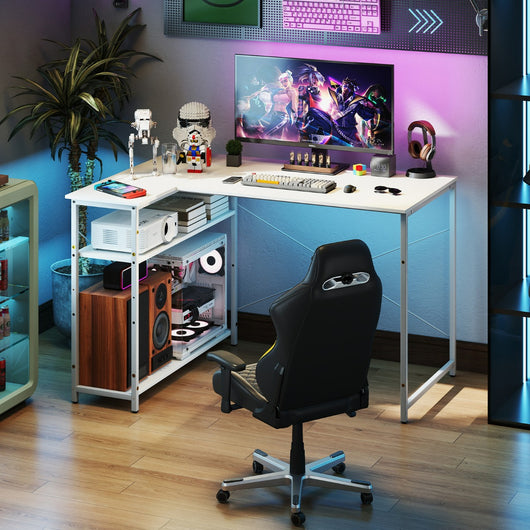 Scrivania angolare a forma di L con ripiano regolabile, Tavolo da studio salvaspazio per ufficio in casa Bianco-Scrivanie